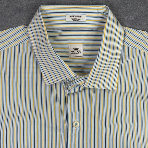 Peter Millar Dress Shirt Mens XL White Yellow Blue Striped Long Sleeve Button Up - Picture 4 of 10
